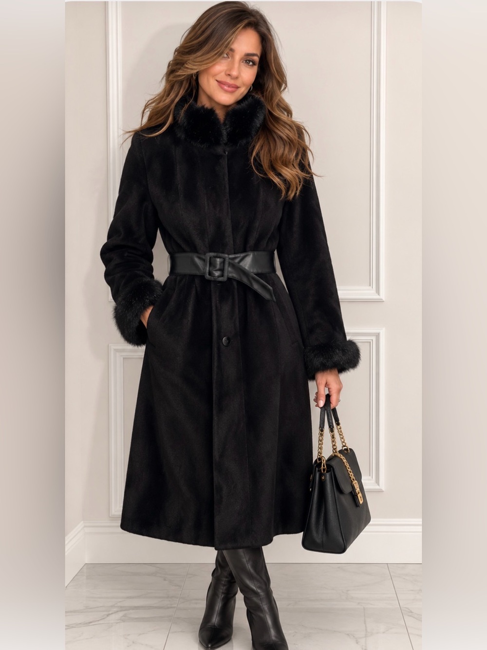 Laura plus size 18 Elegant Black Faux-Fur Trim Long Coat